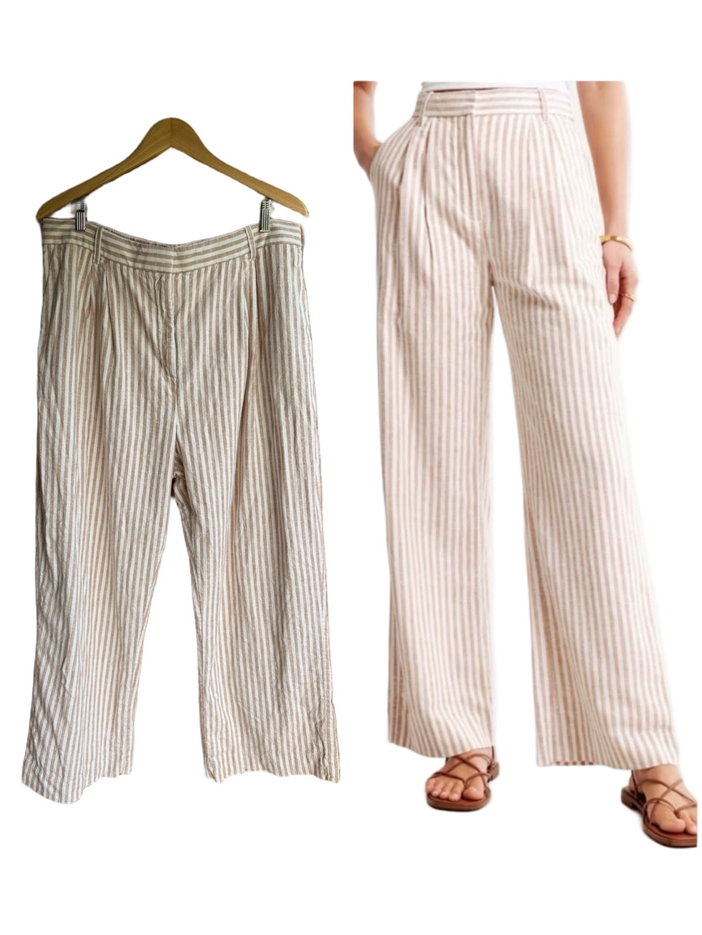 Abercrombie & Fitch Wide Leg Linen Blend Striped Pants White and Tan Neutral XL